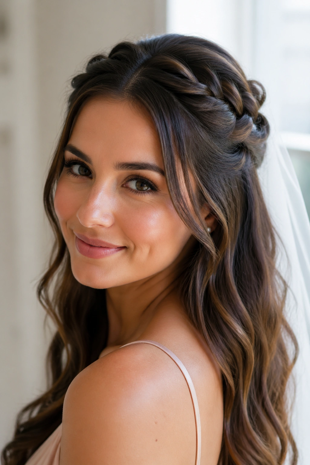 Close-up of a real woman wearing a half-up twisted crown that stays put