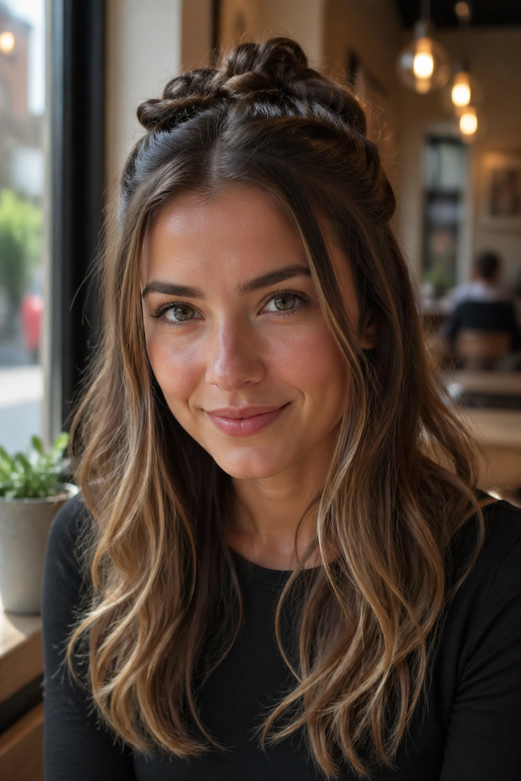 Close-up of a real person with half-up twisted updo and loose long layers