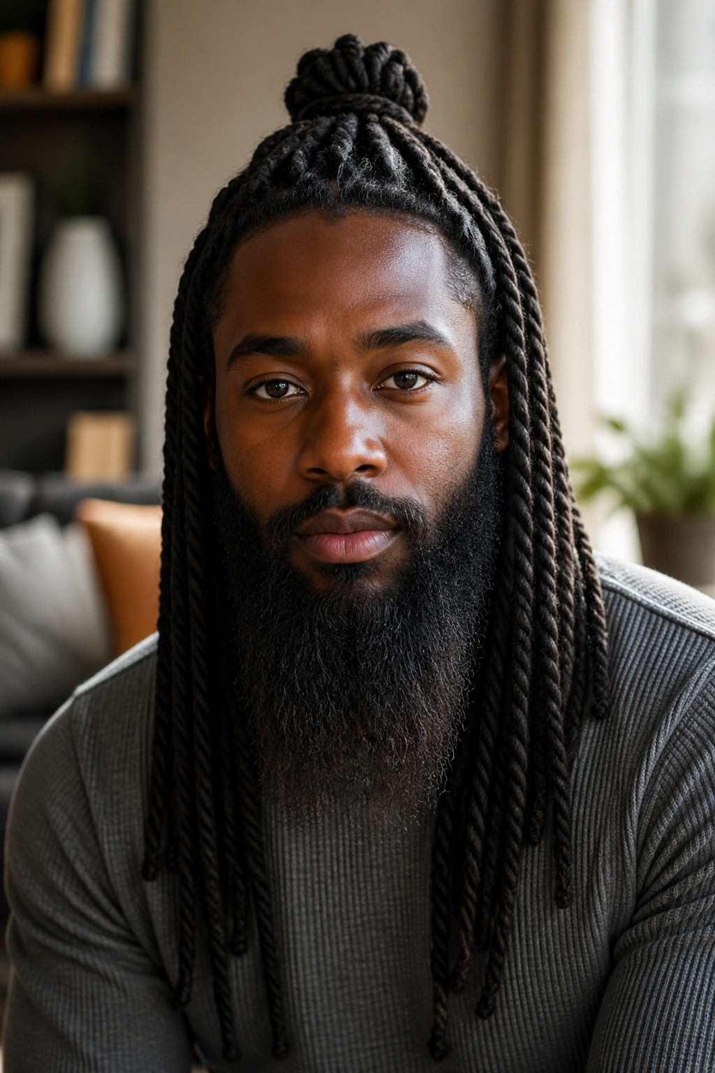 Man with half-up twist braids and a free-hanging beard in a cozy living room