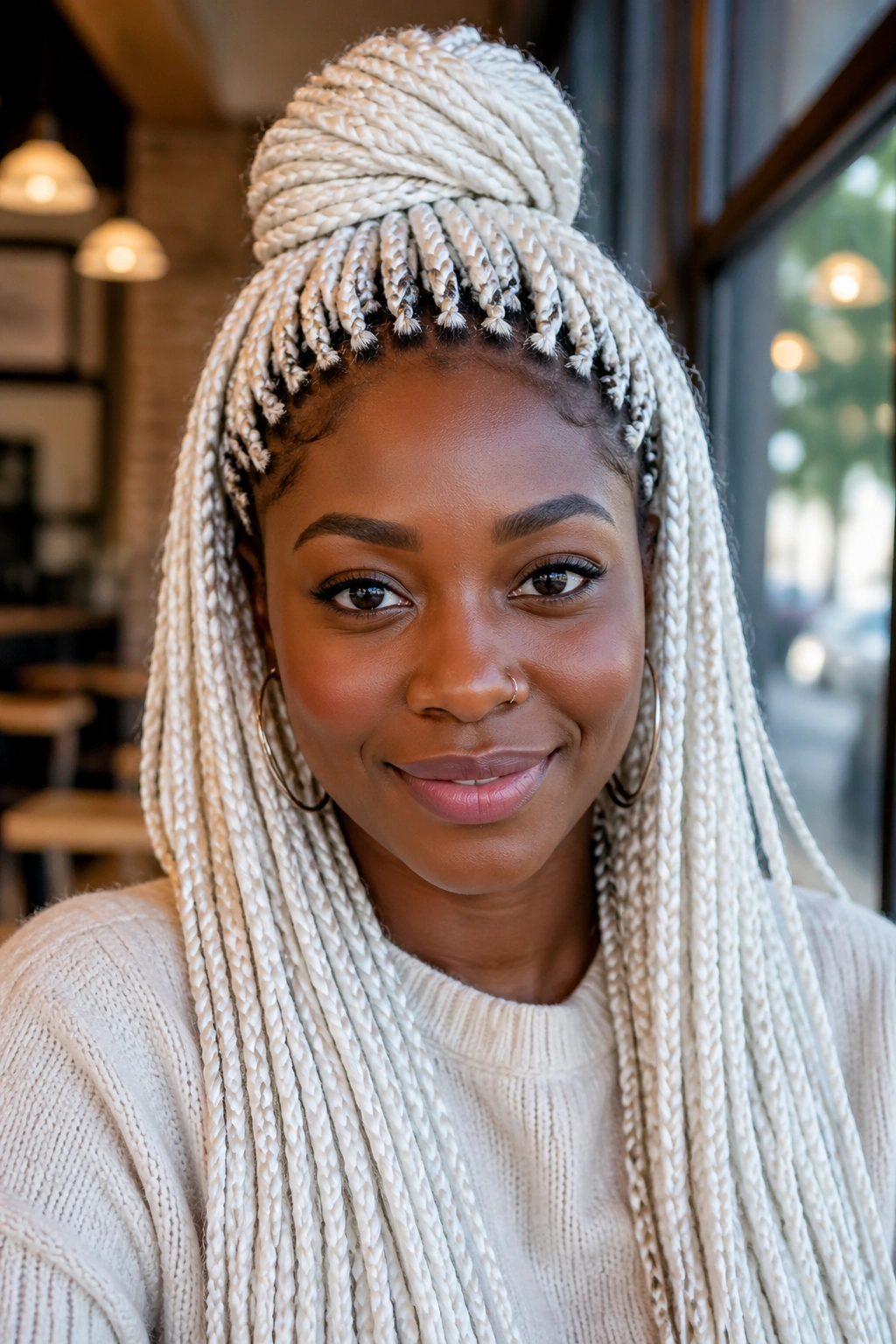 Close-up of half-up half-down white box braids with a high crown on a real woman