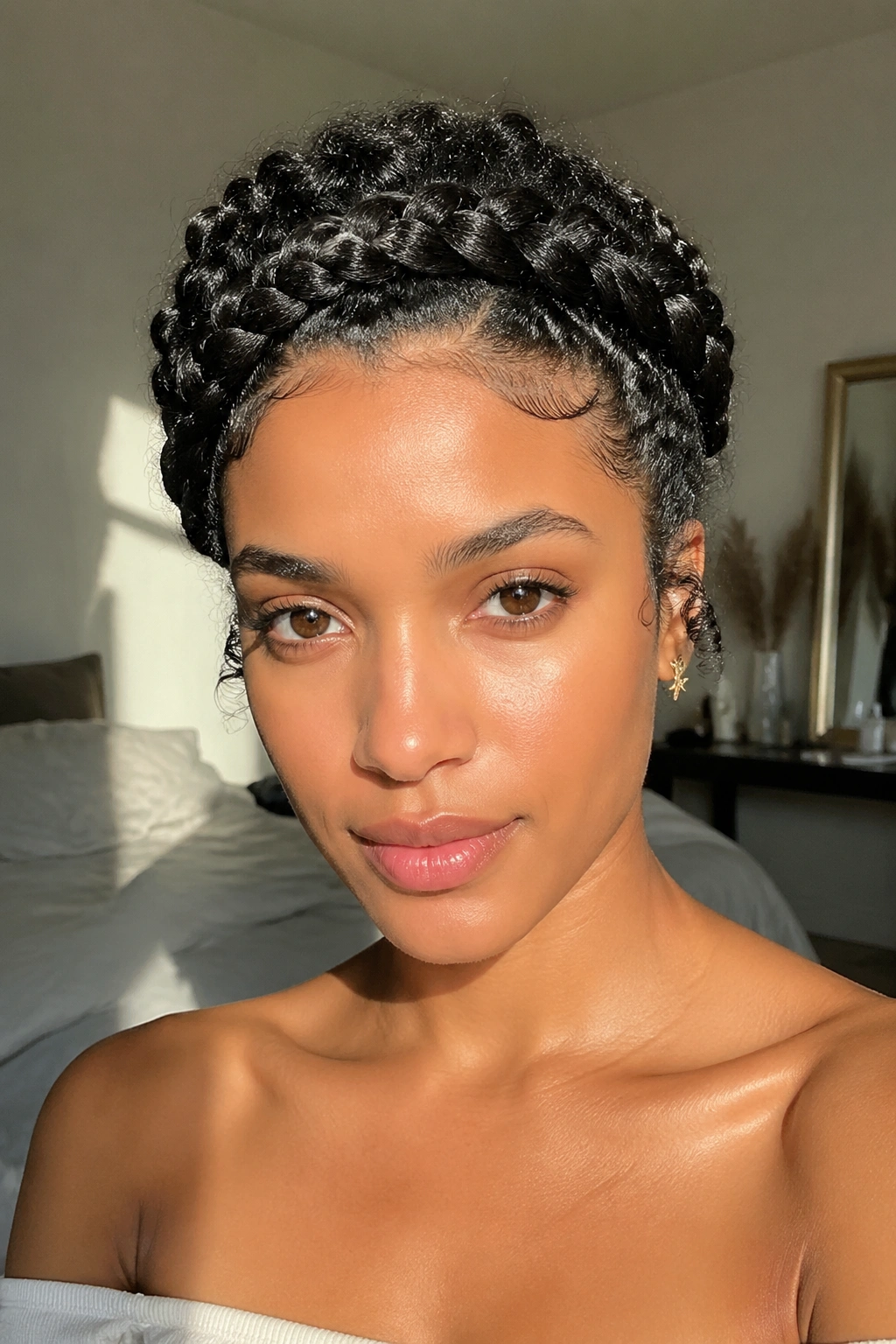 Halo braid wraps around a real person's head with 3B/3C curls in natural window light