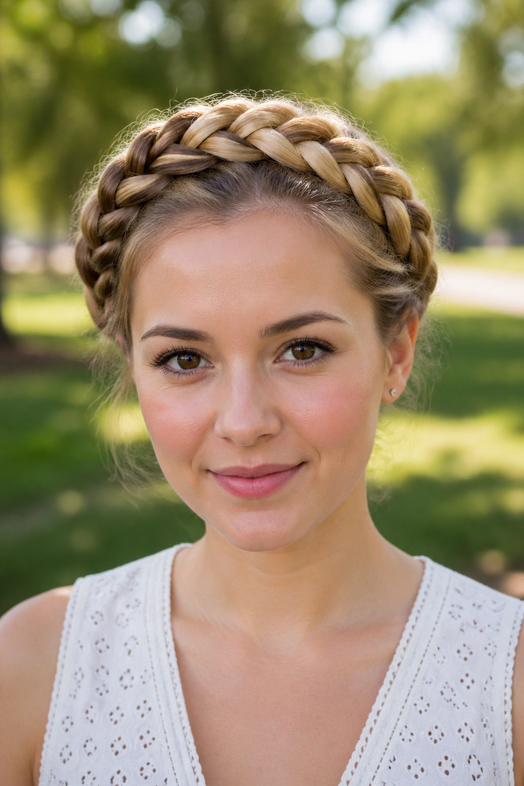 Front portrait of a real person wearing a halo braid around the head