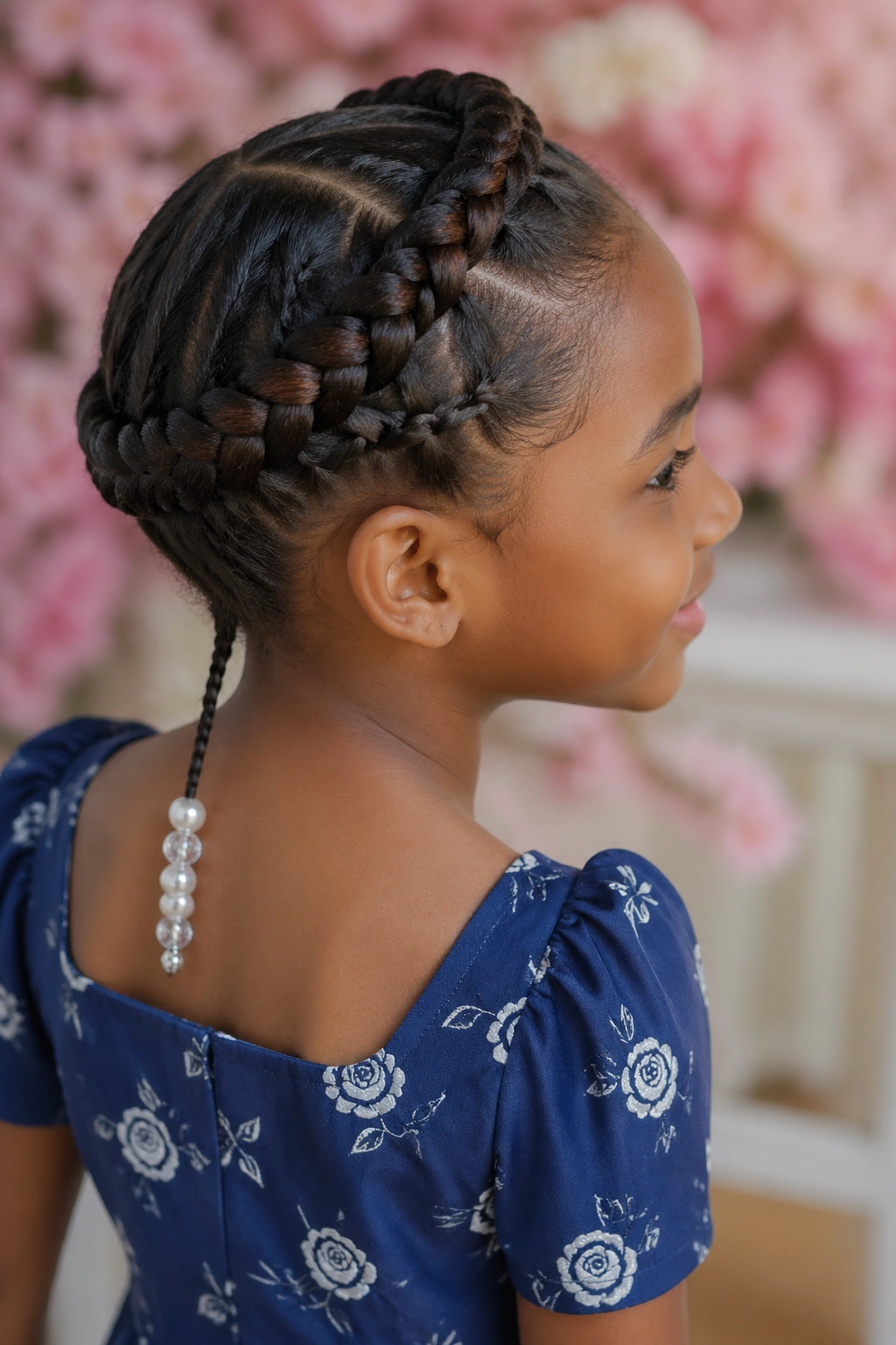 Child with halo braid and beaded tail.