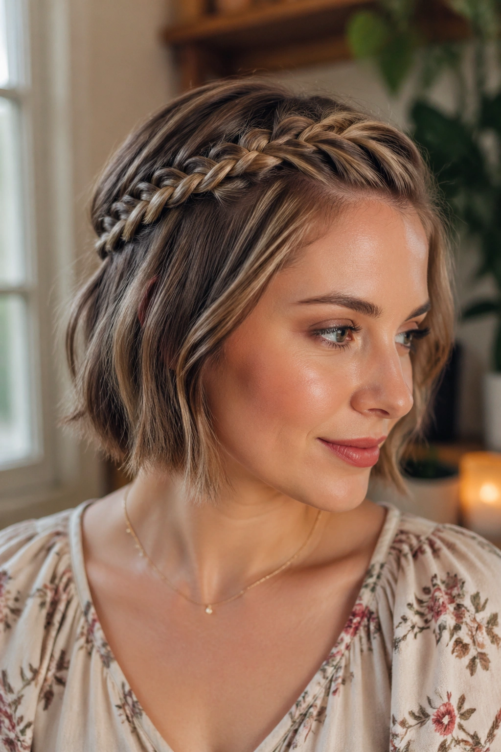 Close-up of a real woman with a halo braid around the crown on a bob