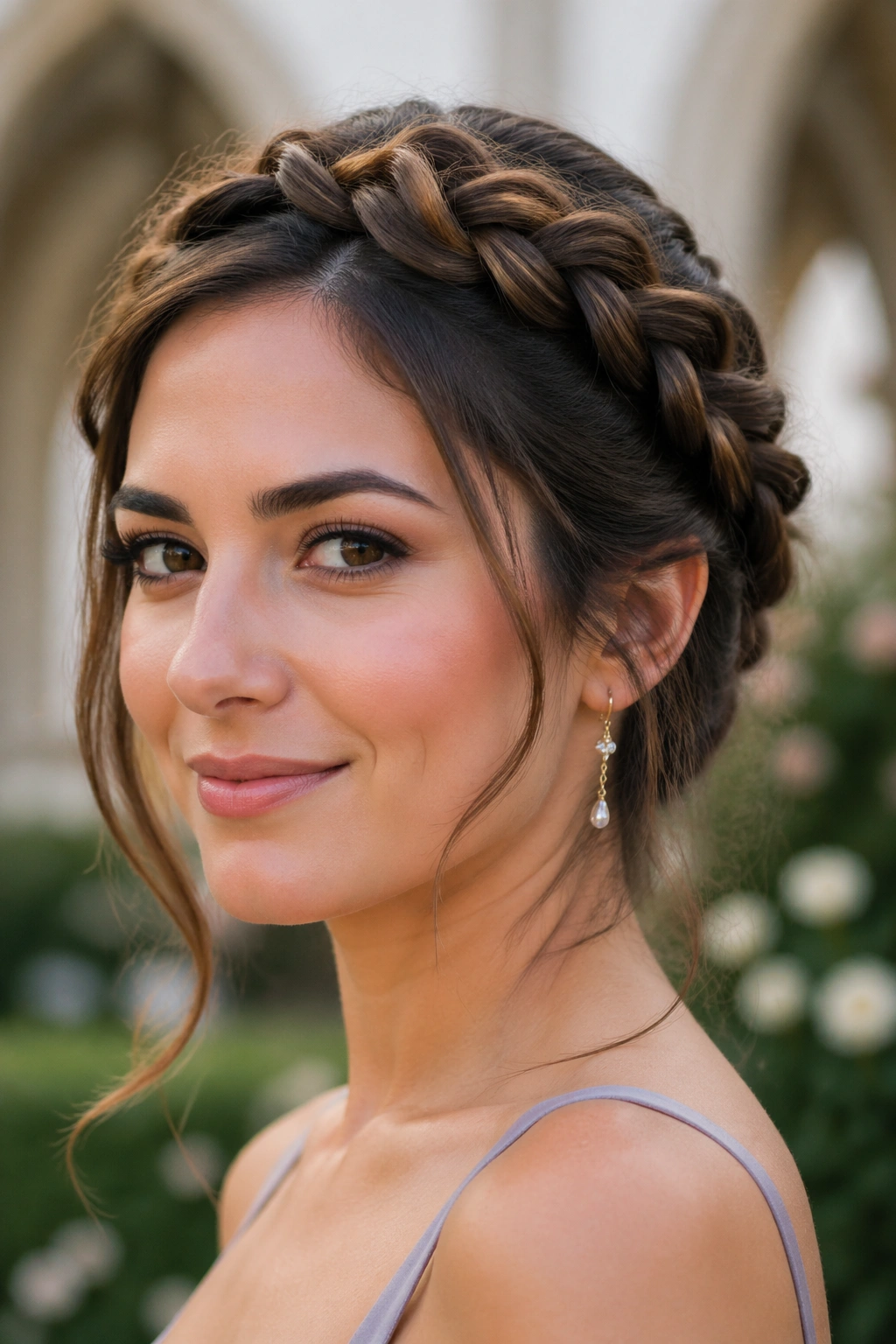 Close-up of a real woman with a halo braid and soft ends