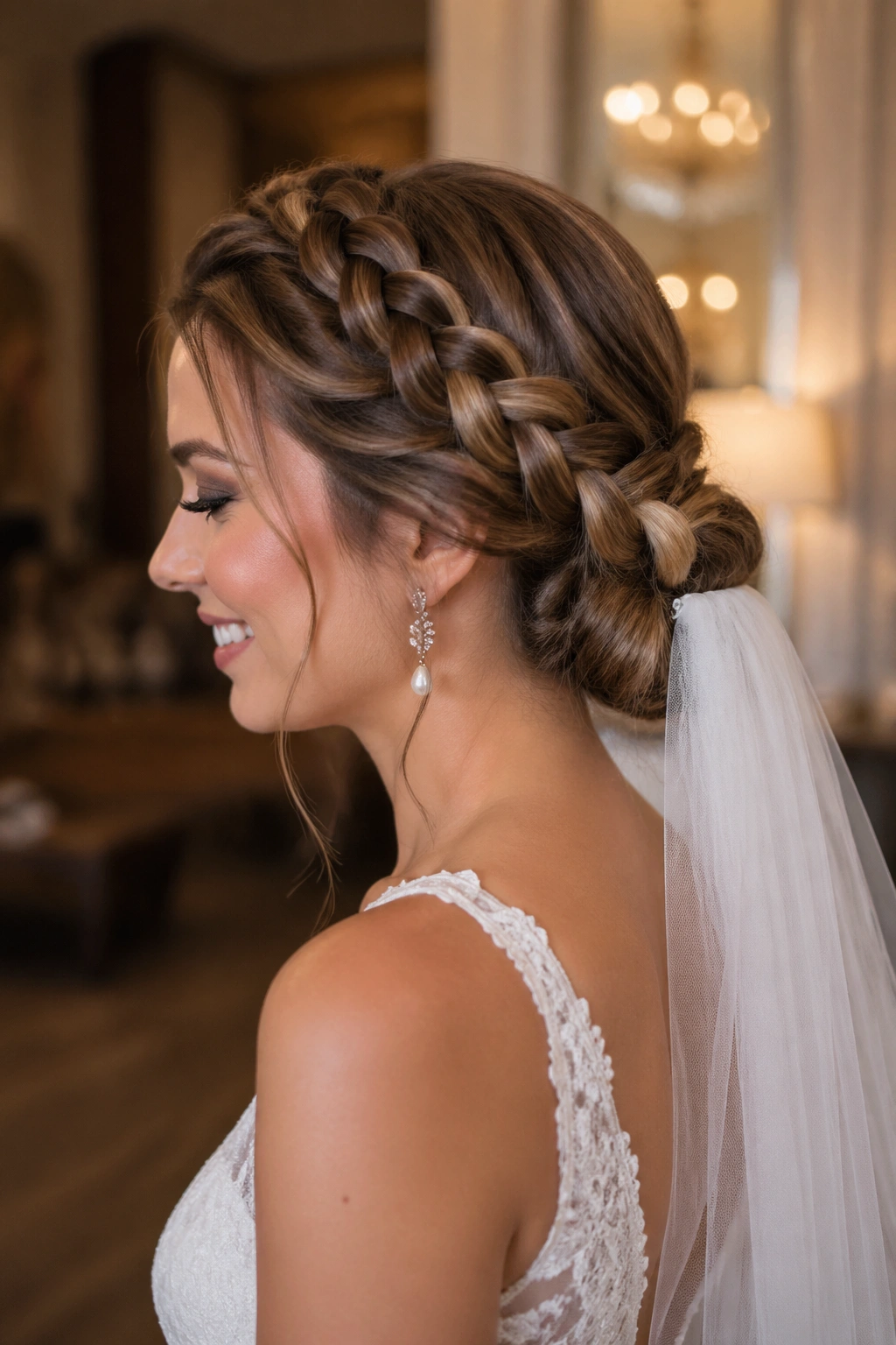 Close-up bride head with halo braid formed into a bun