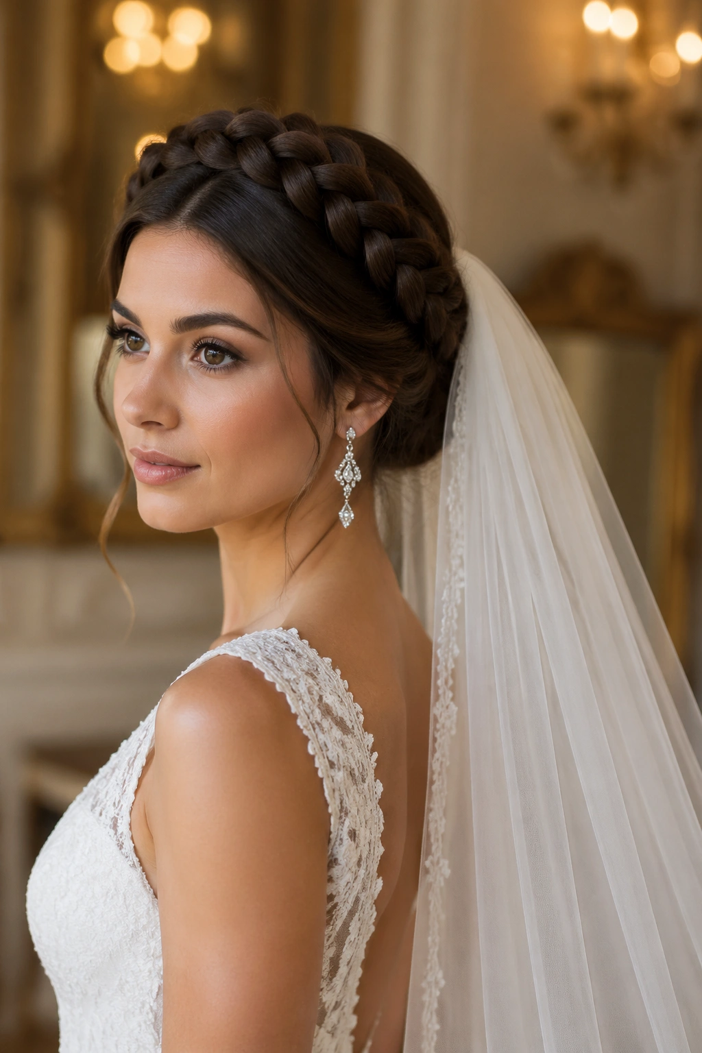 Close-up of regal full halo braid with cathedral veil on a real bride in an elegant setting