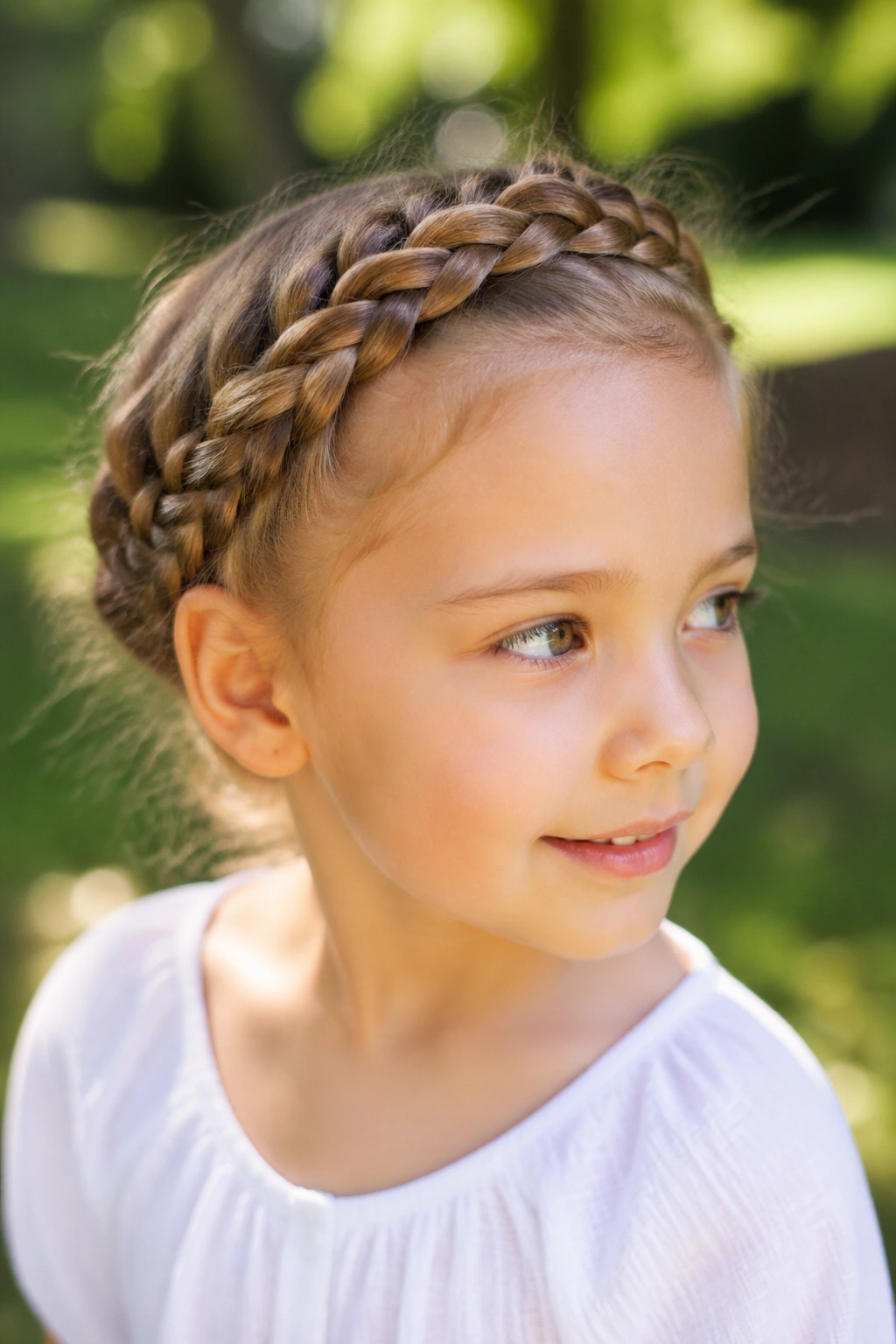 Close-up of a child wearing a halo braid with sunlit backdrop