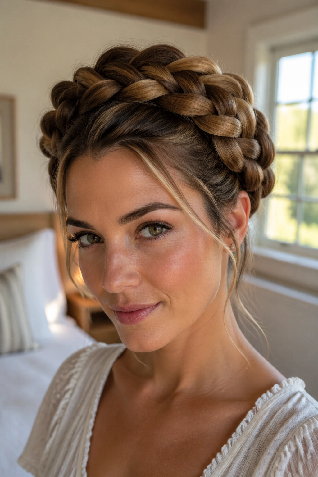 Close-up portrait of a real woman with a chunky halo braid encircling her head