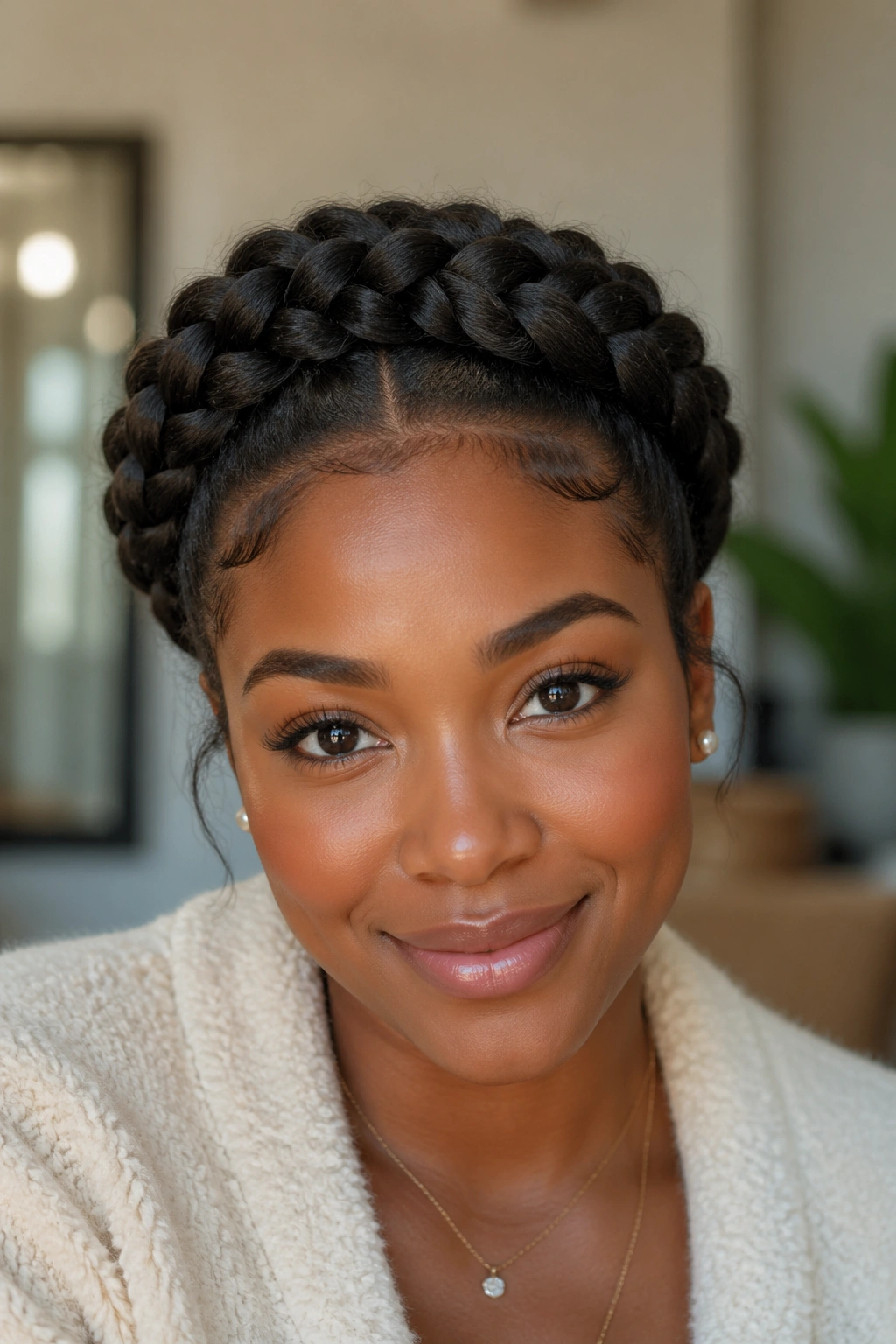 Close-up of a real woman's Halo Braid crown around her head.