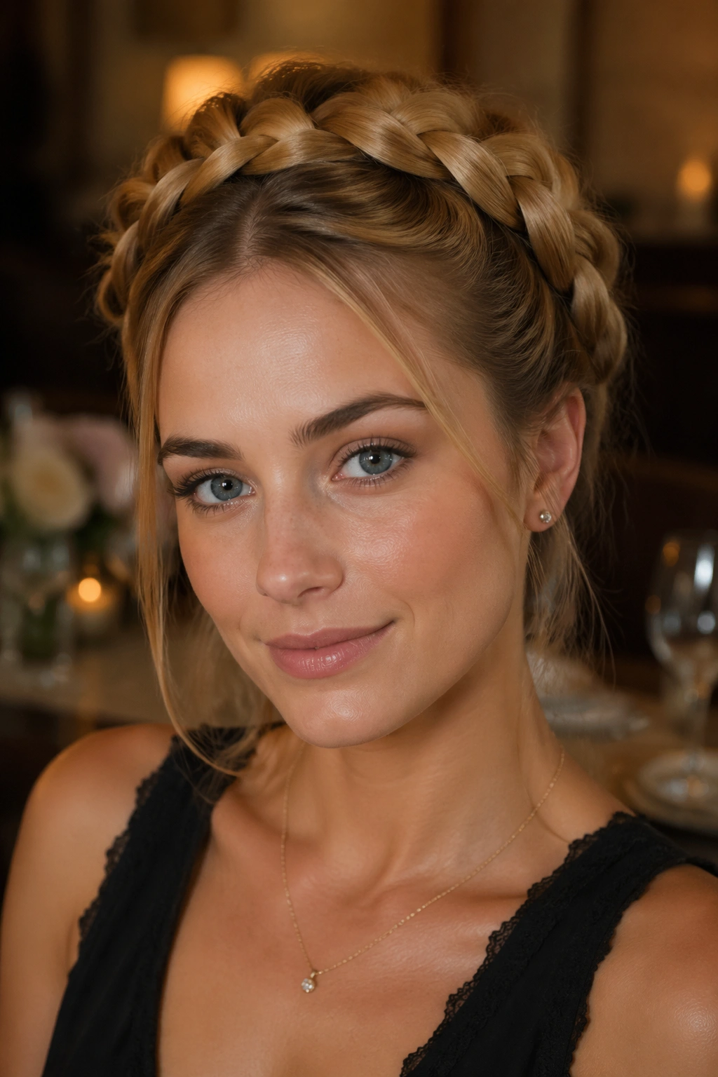 Close-up portrait of a real woman wearing a halo braid crown