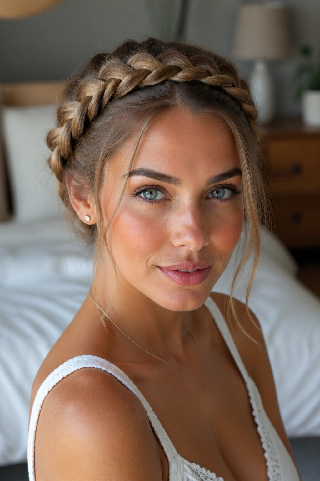 Close-up of a real woman with a classic halo crown braid along the hairline