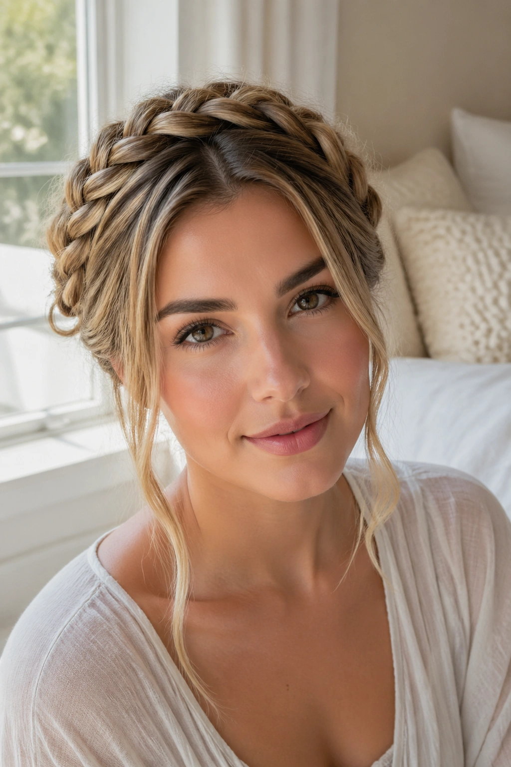 Woman with halo braid and face-framing tendrils under natural light