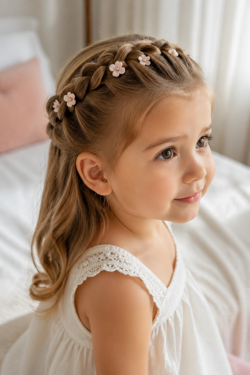 Toddler wearing halo pancake braid with small flower pins
