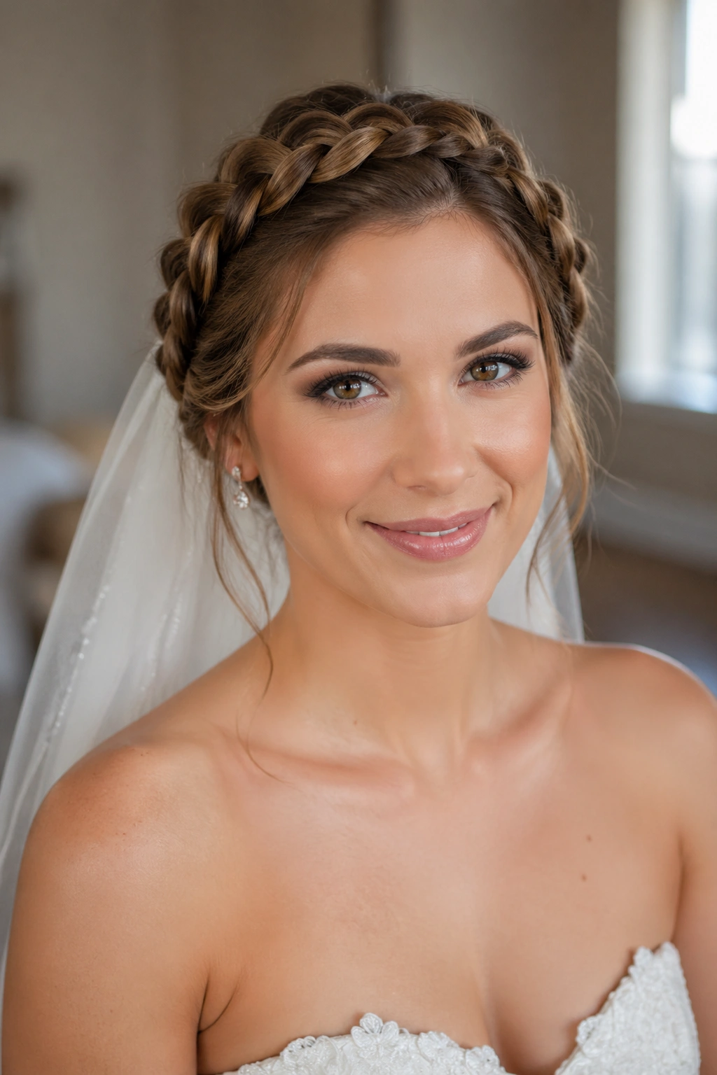 Bride wearing halo braid wrapped around the hairline, airy and elegant