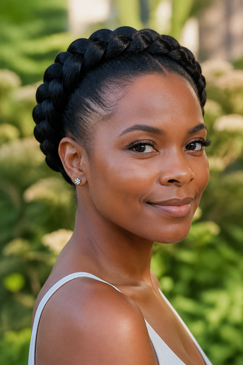 Close-up of a real woman wearing a halo braid around her head in daylight.