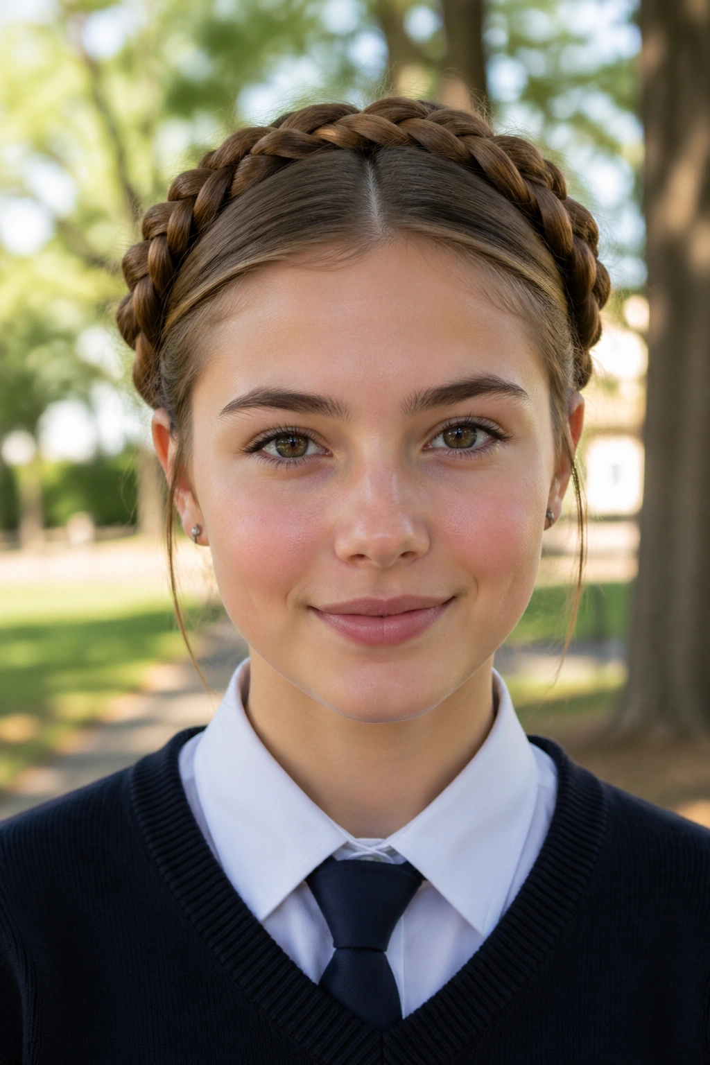 Close-up of a real person with a halo braid around the head in an outdoor setting