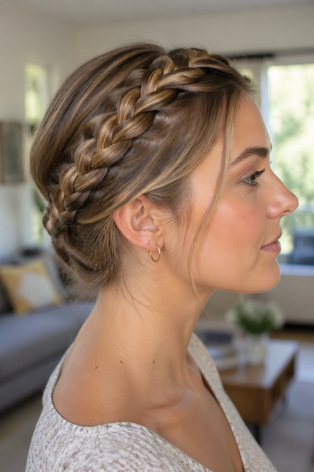 Profile view of a real woman with a halo braid and hidden elastic at the back