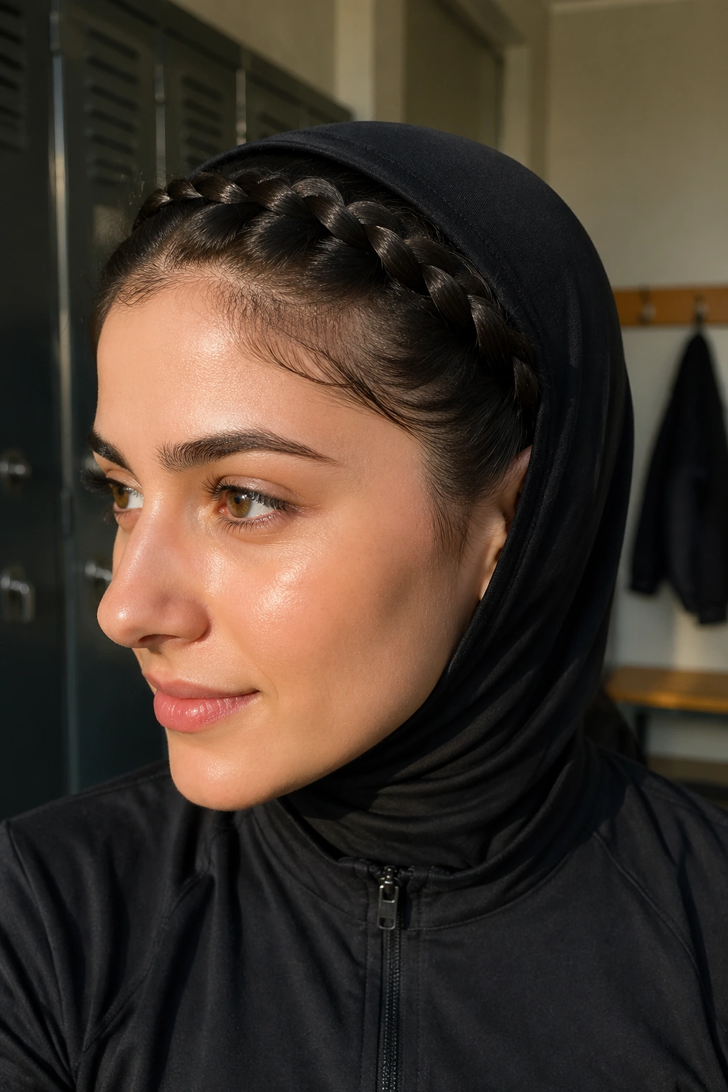 Close-up of halo braid around crown beneath sports hijab on a real woman