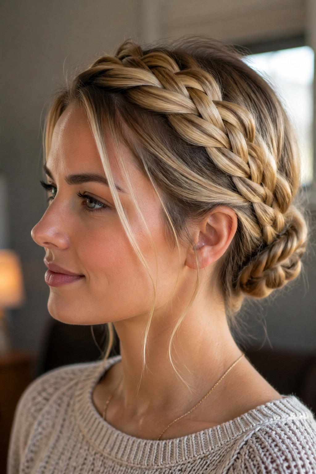 Close-up of a real woman wearing a halo braid knot
