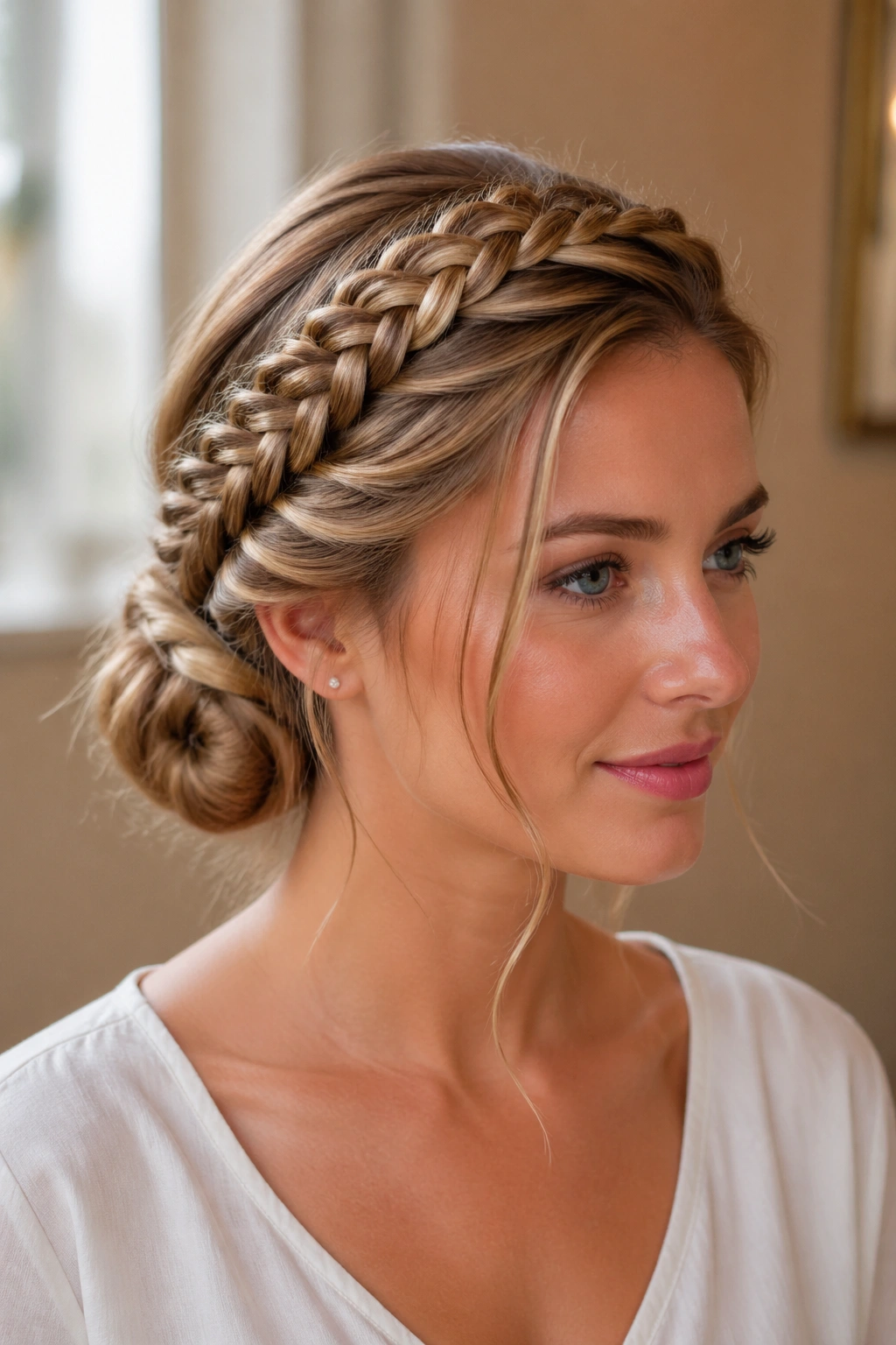 Portrait of a woman with halo braid and low chignon at the nape