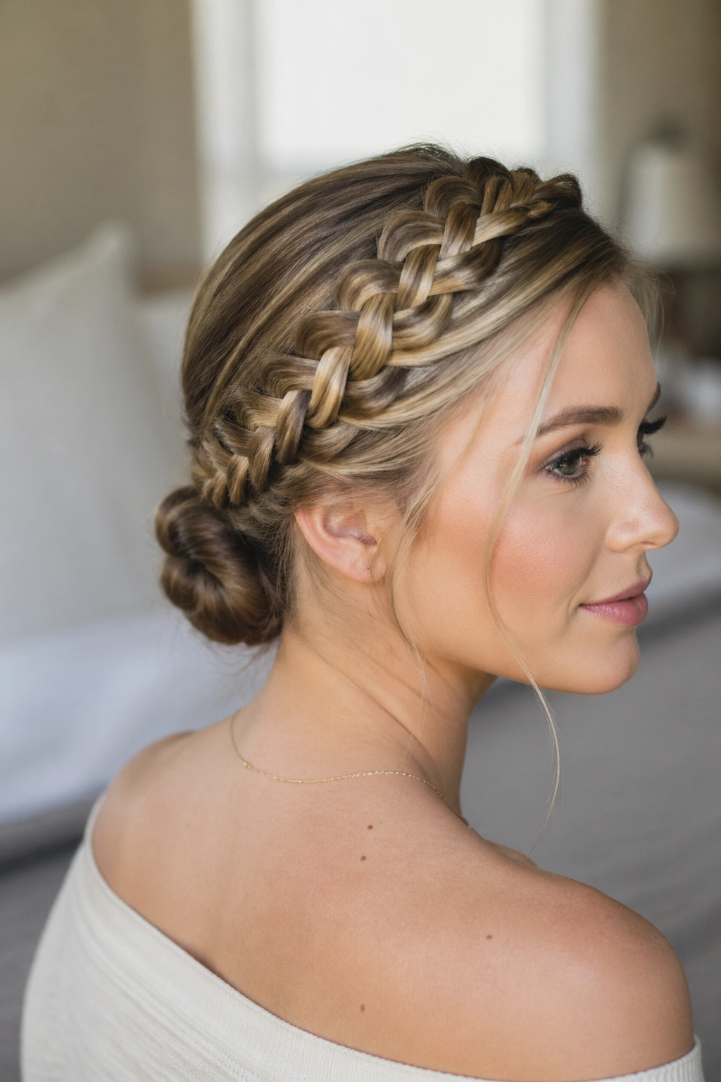 Close-up of a real woman with halo braid rolled into a nape knot in soft window light.