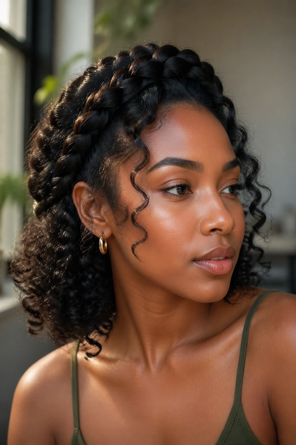 Close-up of halo braid-out on a real woman with a soft crown braid.