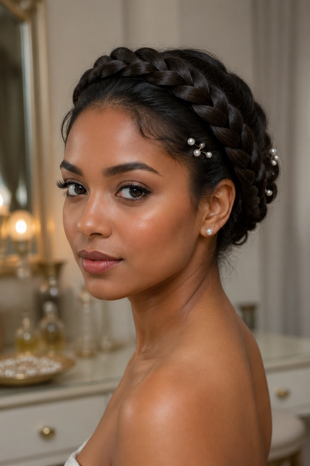 Close-up of a real woman wearing a halo braid with pearl pins.