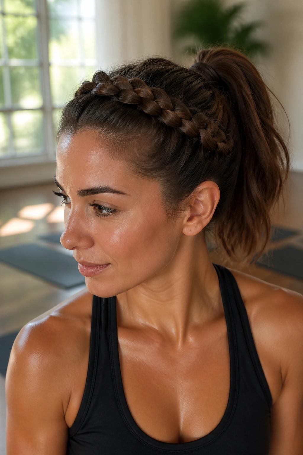 Close-up of a real woman with halo braid framing her face and a ponytail at the crown in a bright studio