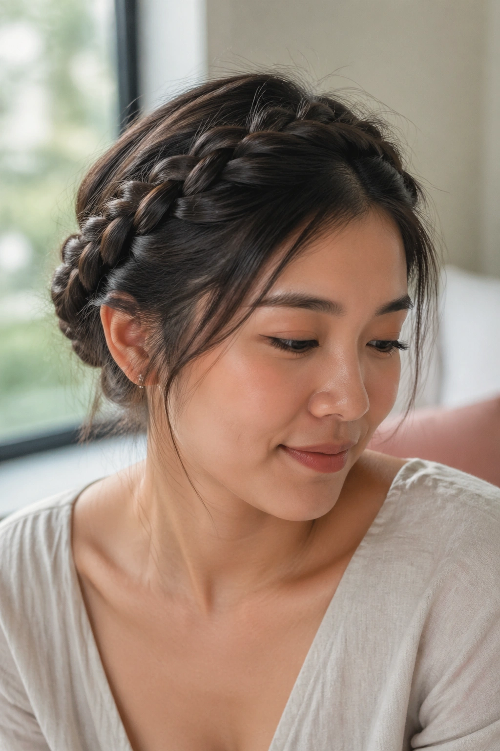 Close-up of halo braid resting softly around a real woman's head in natural light