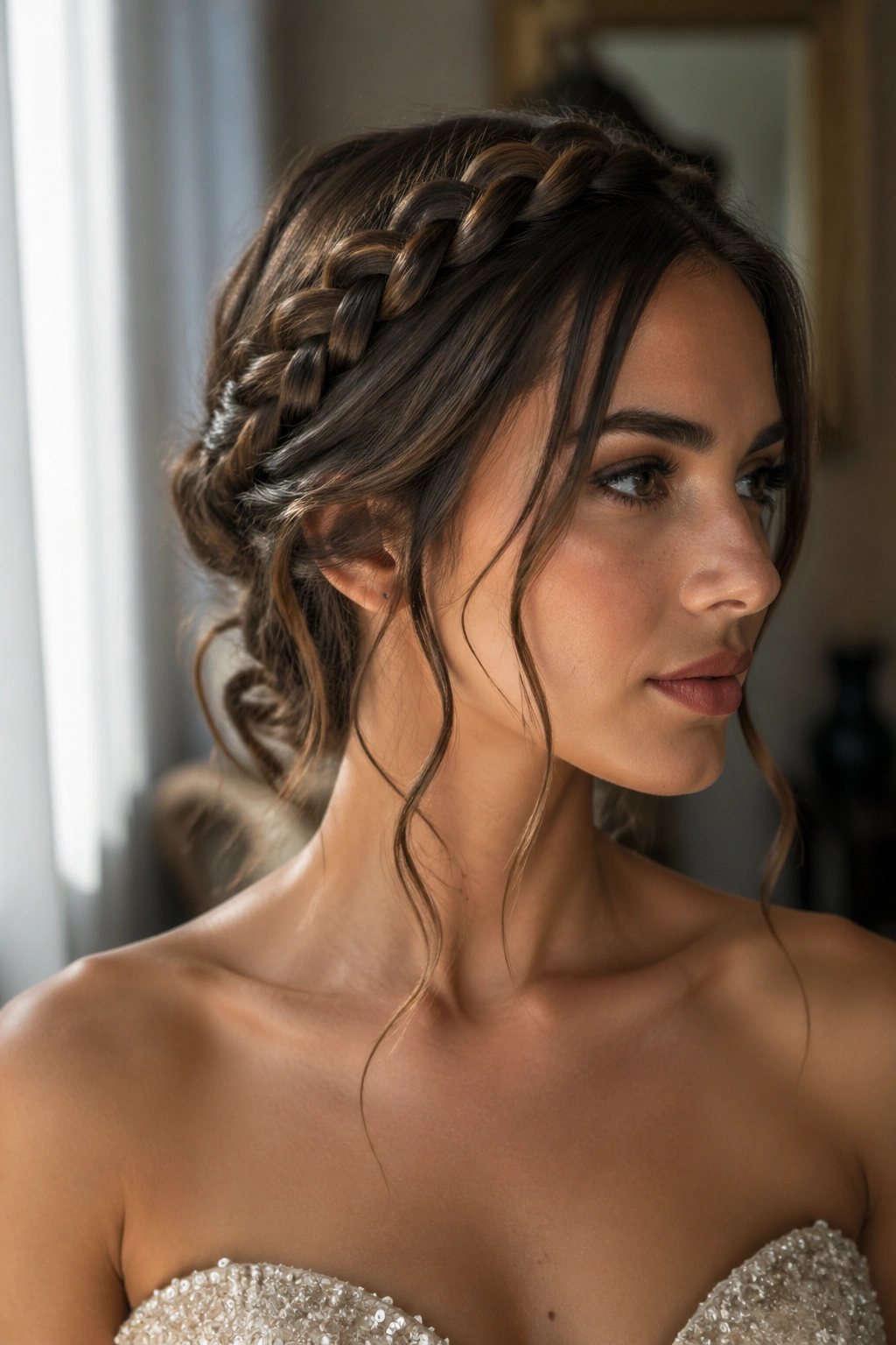 Close-up of real woman with halo braid and soft tendrils.