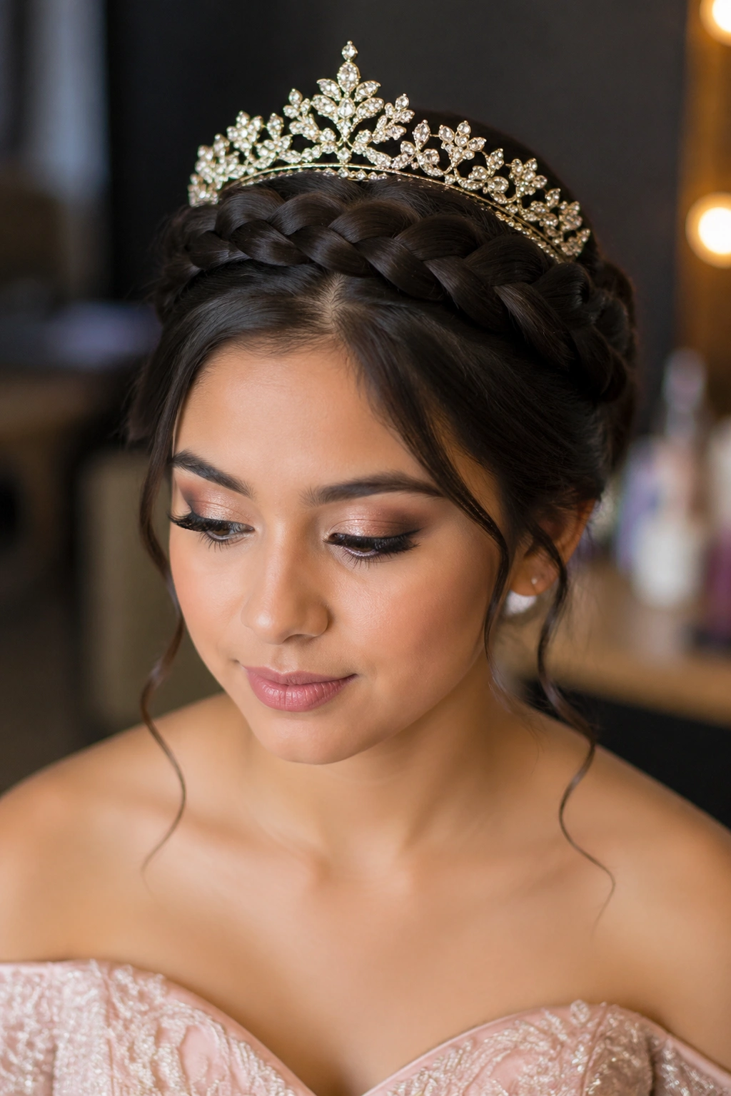 Close-up of real woman's head with halo braid and tiara
