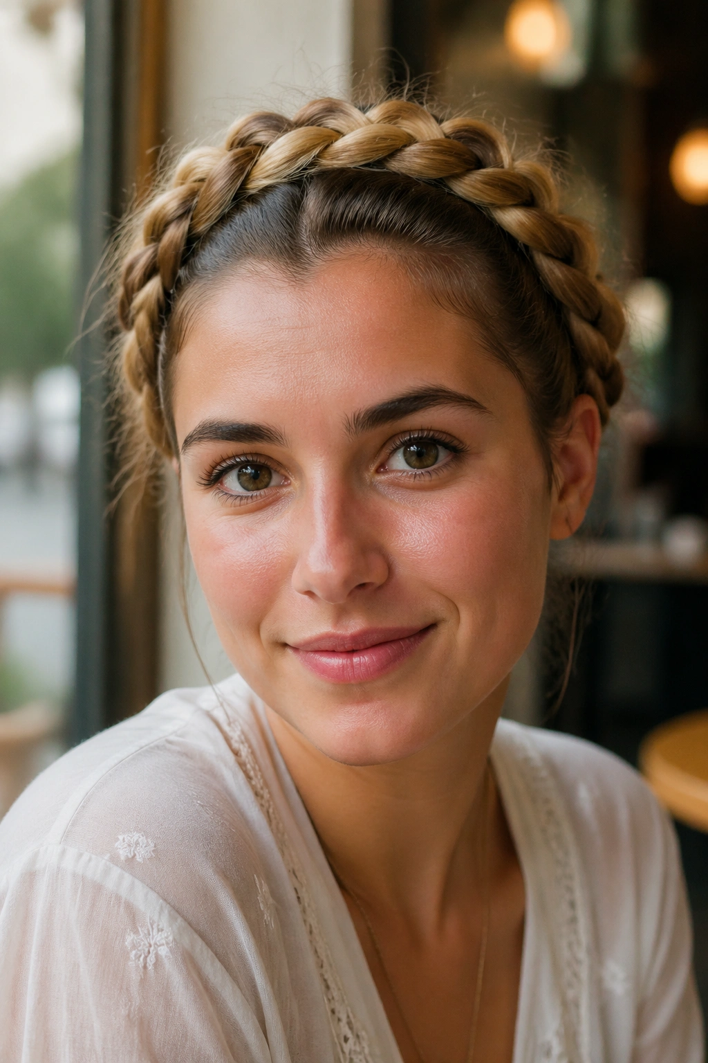 Close-up of halo braid circling the head with tucked ends on a real woman in a cafe setting