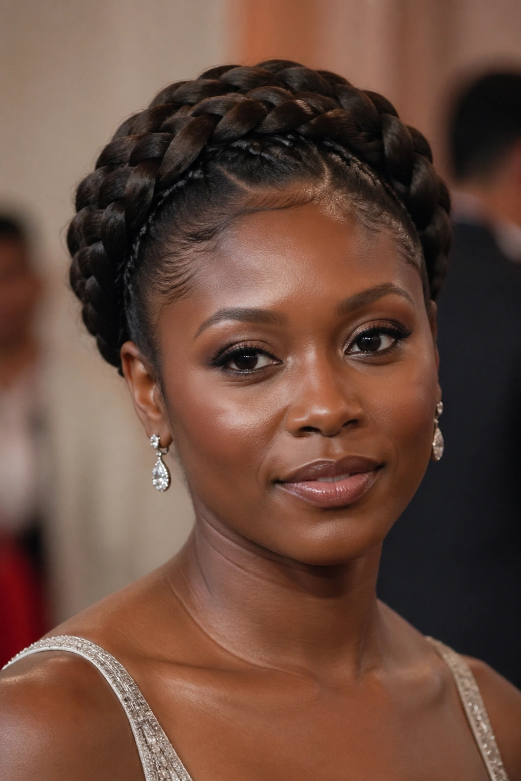 Real woman with a halo braid creating a circular halo around the head