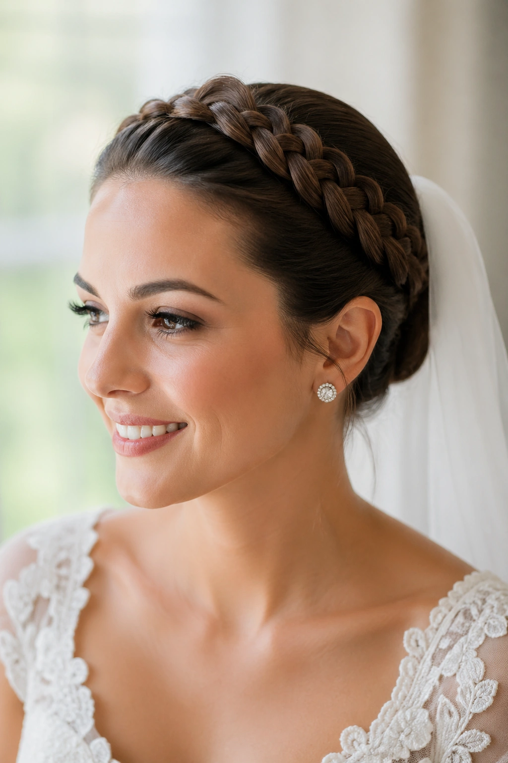 Close-up of a bride wearing a halo braid hugging the scalp with a veil attached.