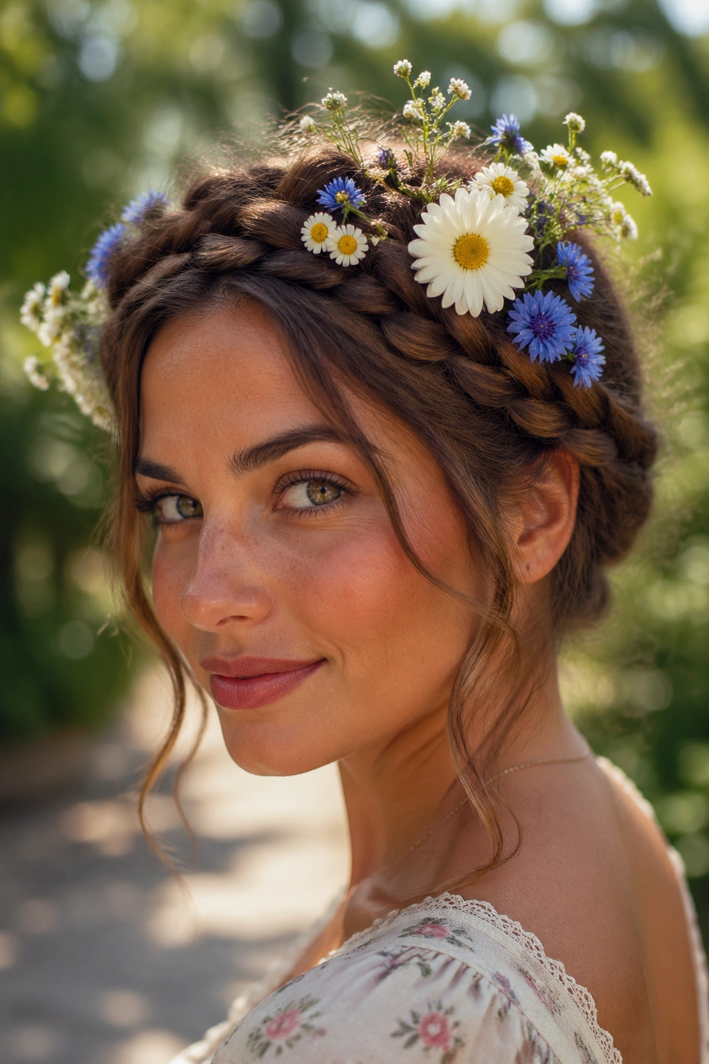 Real woman with halo braid and wildflowers in hair, outdoors in a sunlit garden.