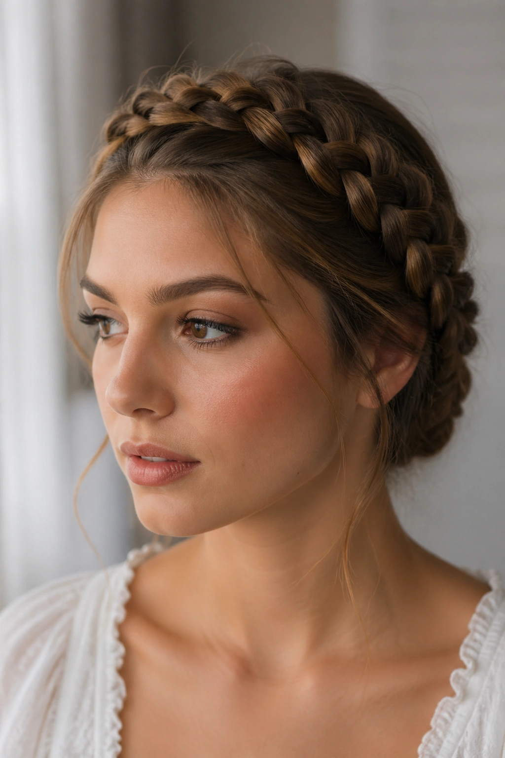 Portrait of halo crown braid framing the face on a real person under natural light