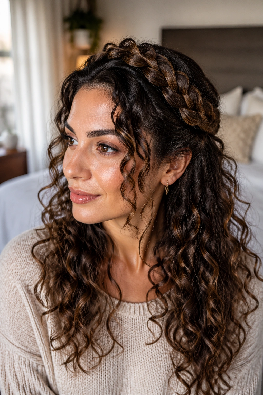 Halo Crown Braid close-up on a real woman with halo braid and loose curls, warm window light