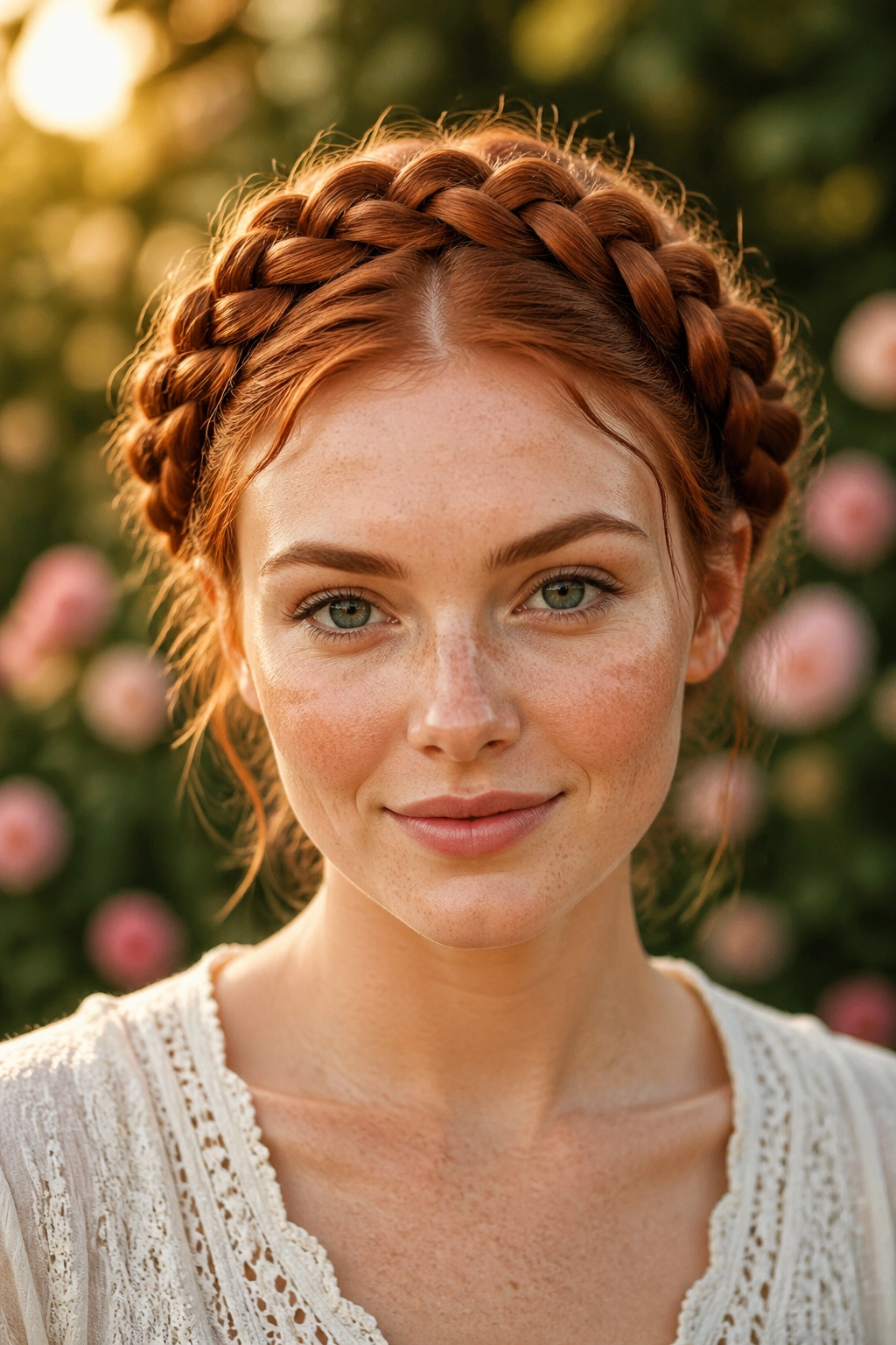 Portrait of a real woman with halo crown braid in burnished copper.