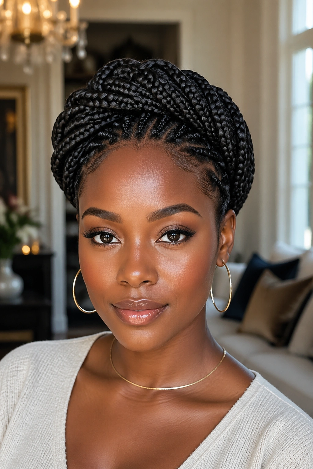 Close-up of a real person wearing a halo crown updo made from box braids