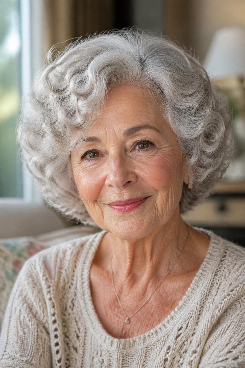 Close-up of an older woman with halo curls and a soft part in a bright living room.