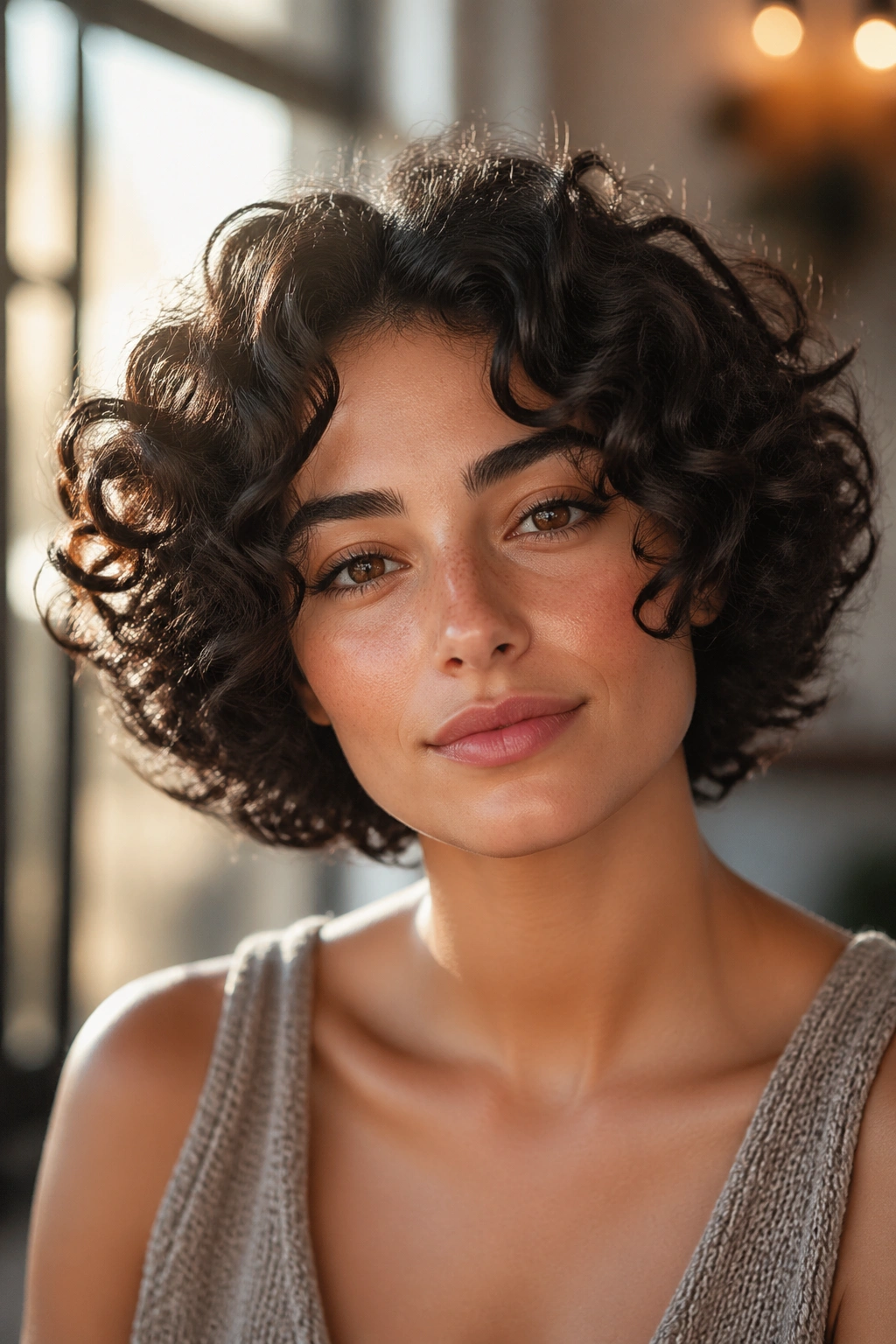 Real woman with halo curly bob forming a ring around the head