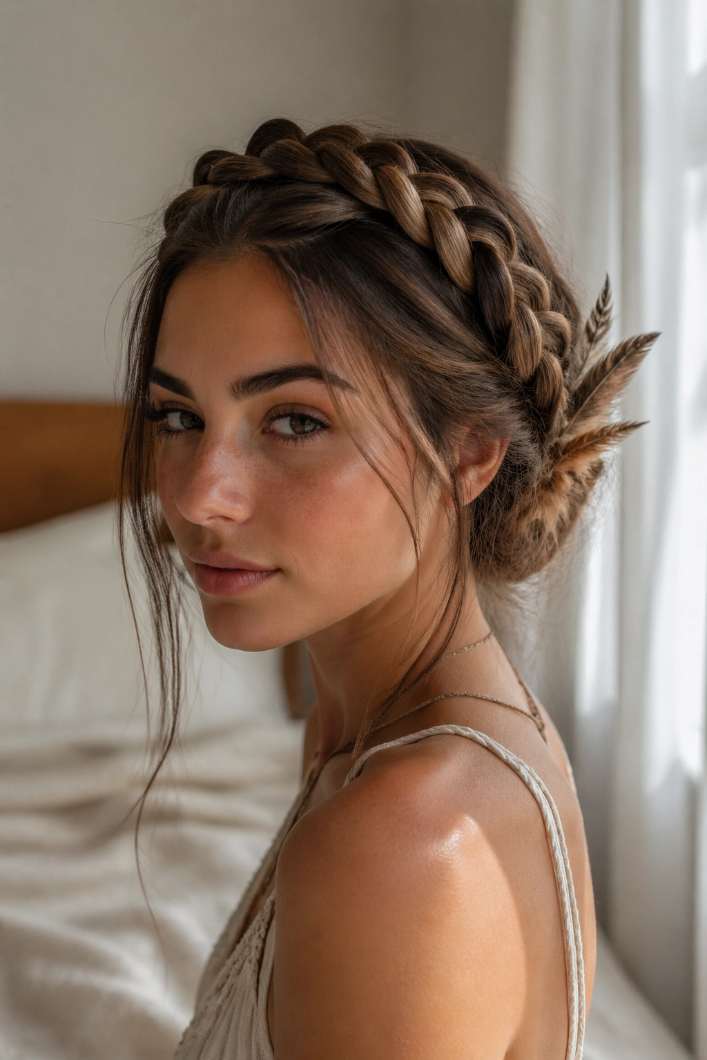 Close-up portrait of a real woman with a halo feather braid framing her head in warm window light