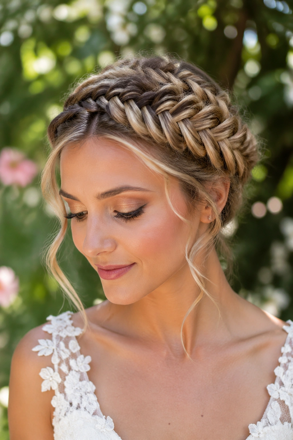 Close-up of a real bride with braided halo fishtail and soft tendrils in a garden