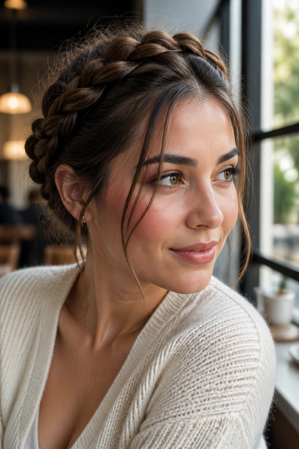 Real woman with halo braid and wispy front pieces near her face in natural daylight