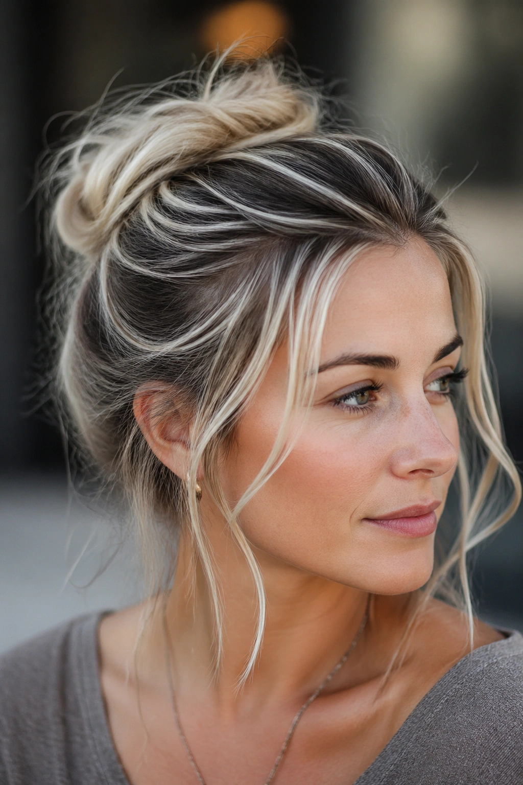 Close-up of a woman with halo silver highlights around the crown