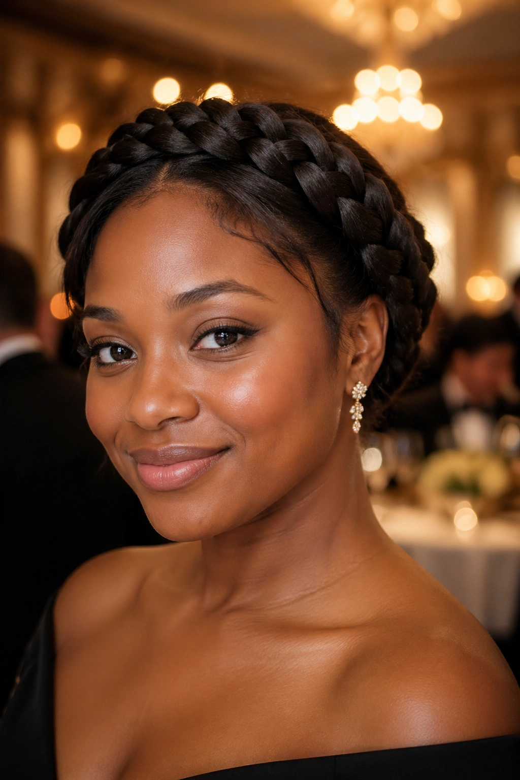 Close-up of a real woman wearing halo lace braid with tucked ends