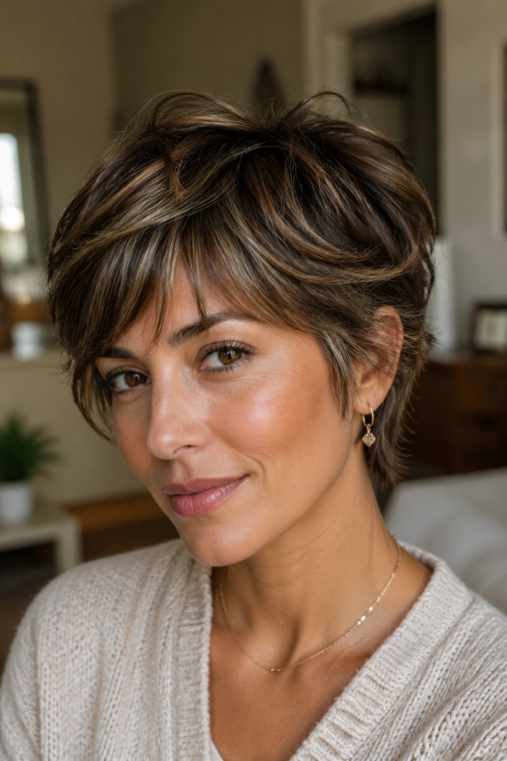 Close-up portrait of a woman with hazelnut balayage on a pixie shag, warm window light highlighting textured short hair.