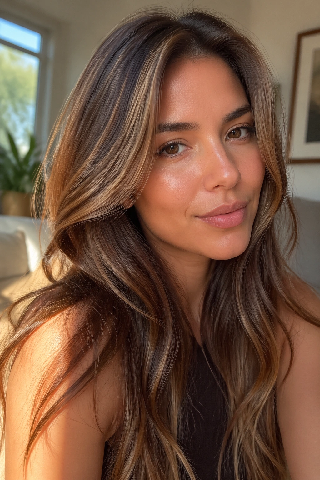 Close-up of a woman with hazelnut brown dimensional hair in soft indoor light.