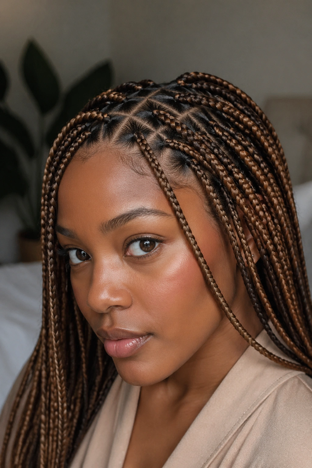 Real woman with hazelnut braids and triangle parts